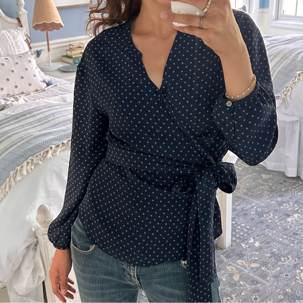 J. Crew Dark Blue Patterned Wrap Blouse size S